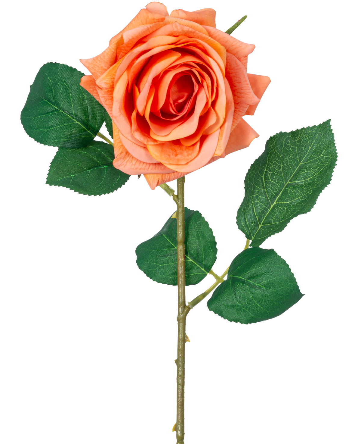 Die feuchtigkeitsspendende Rose Artificial Flower Crystal Touch hat eine orangefarbene Real Touch-Blume mit grünen Blättern und einem 43 cm langen Stiel vor einem schlichten weißen Hintergrund.