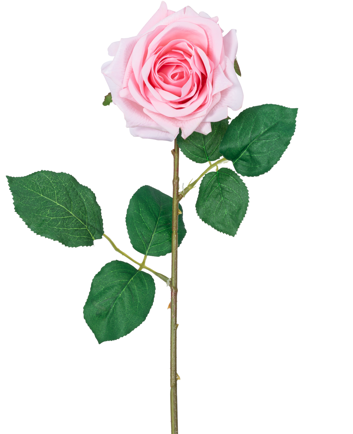 Die künstliche Rose „Emine“ Real Touch Pink 43 cm ist eine einzelne hellrosa künstliche Rose mit geschichteten Blütenblättern, grünen Blättern und einem langen Stiel vor einem weißen Hintergrund.