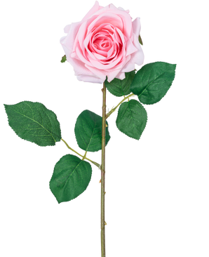 Die künstliche Rose „Emine“ Real Touch Pink 43 cm ist eine einzelne hellrosa künstliche Rose mit geschichteten Blütenblättern, grünen Blättern und einem langen Stiel vor einem weißen Hintergrund.