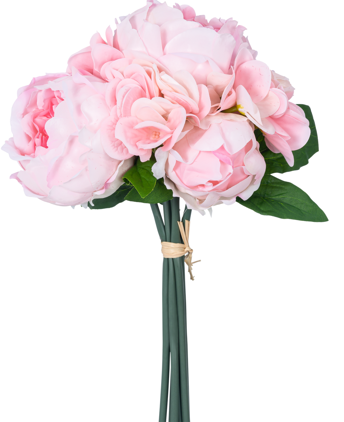Der künstliche Blumenstrauß Real Touch Pink 30 cm besteht aus hellrosa künstlichen Pfingstrosen und Hortensien mit grünen Blättern, die mit einem braunen Seil zusammengebunden sind, vor einem schlichten weißen Hintergrund.