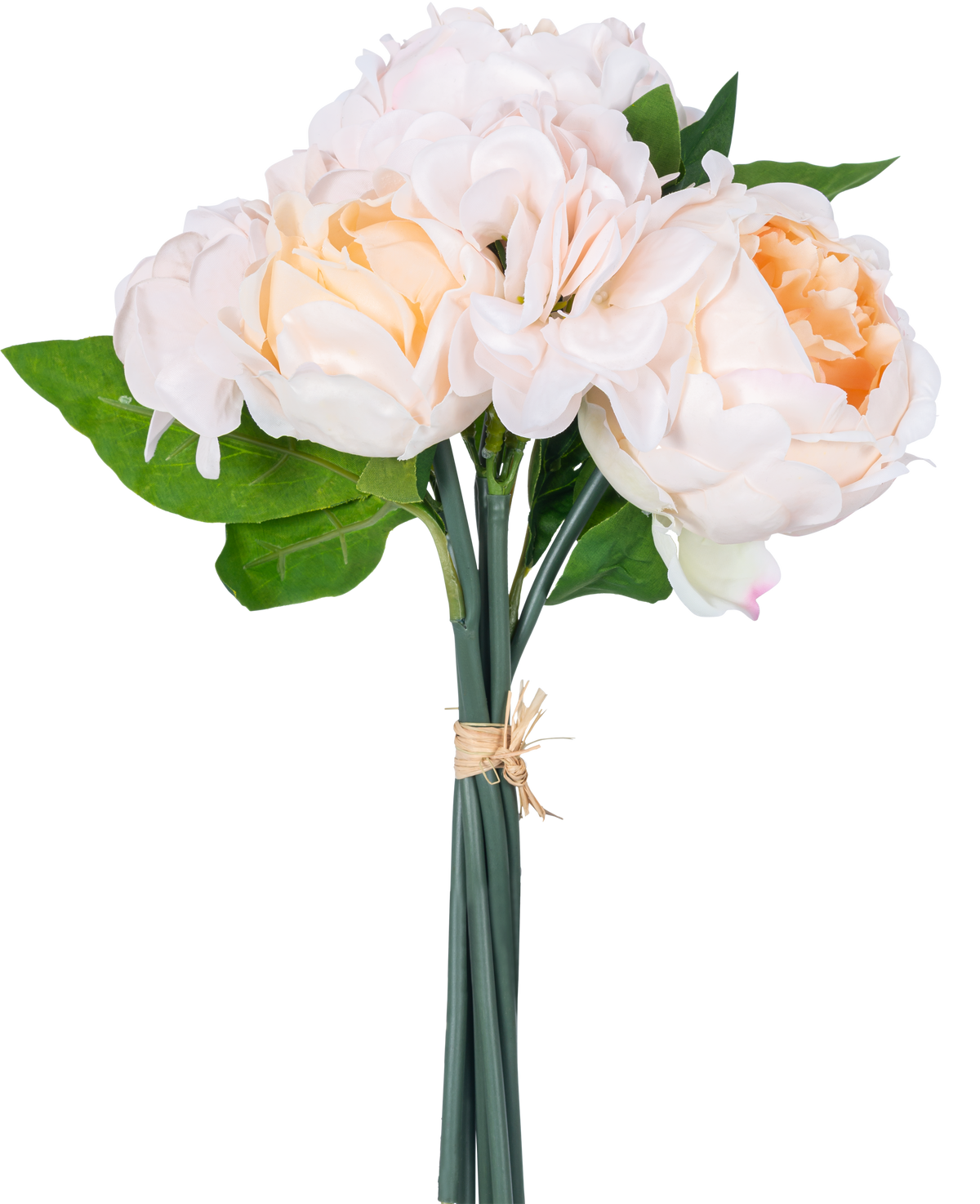 Ein künstlicher Blumenstrauß Real Touch Champagne 30 cm besteht aus lebensechten rosa und pfirsichfarbenen Kunstblumen mit grünen Blättern und Lotusknospen, die mit einem Seil vor einem weißen Hintergrund zusammengebunden sind.