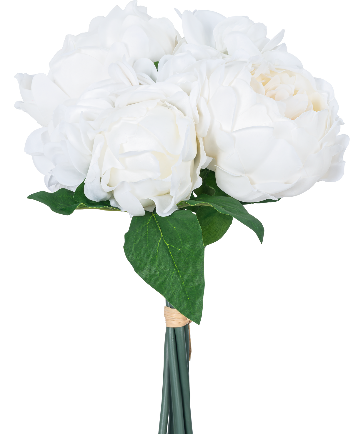 Der künstliche Blumenstrauß Real Touch White 30 cm hat naturgetreue weiße Blüten und grüne Blätter, elegant mit einem Band umwickelt und vor einem schlichten weißen Hintergrund.