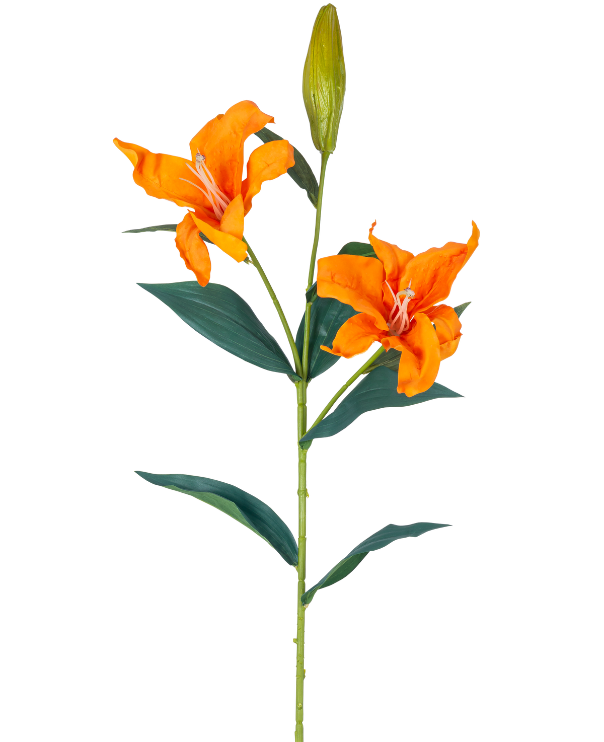 Die künstliche Blumenlilie Real Touch orange 95 cm hat einen einzelnen Stiel mit zwei offenen orangefarbenen Lilien, einer geschlossenen Knospe an der Spitze und langen, schmalen grünen Blättern, alles vor einem weißen Hintergrund.