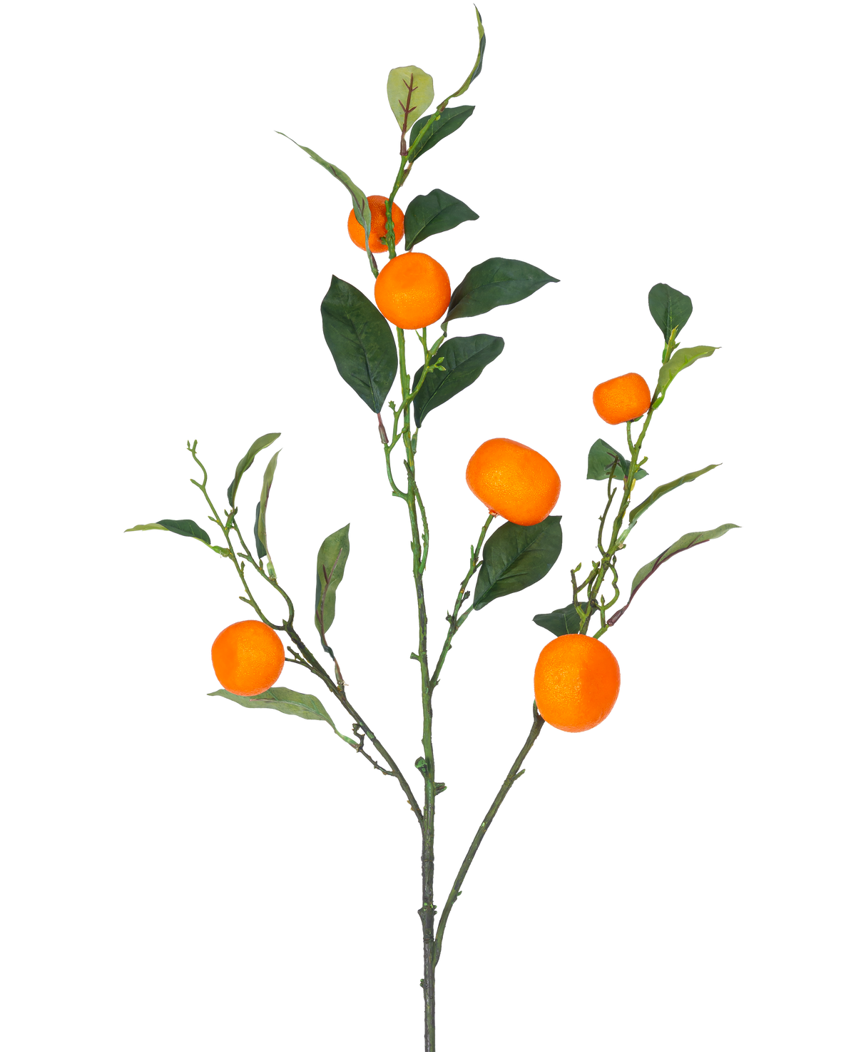 Ein künstlicher Mandarinenzweig, 104 cm, orangefarbener Zweig mit grünen Blättern und leuchtend orangefarbenen, mandarinenähnlichen Früchten, vor einem schlichten weißen Hintergrund.