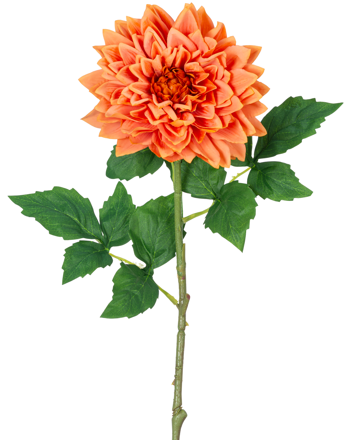 Ein einzelner orangefarbener 70-cm-Stiel von Kunst Georgine Real Touch hat geschichtete orangefarbene Dahlienblätter und grüne Blätter vor einem weißen Hintergrund.