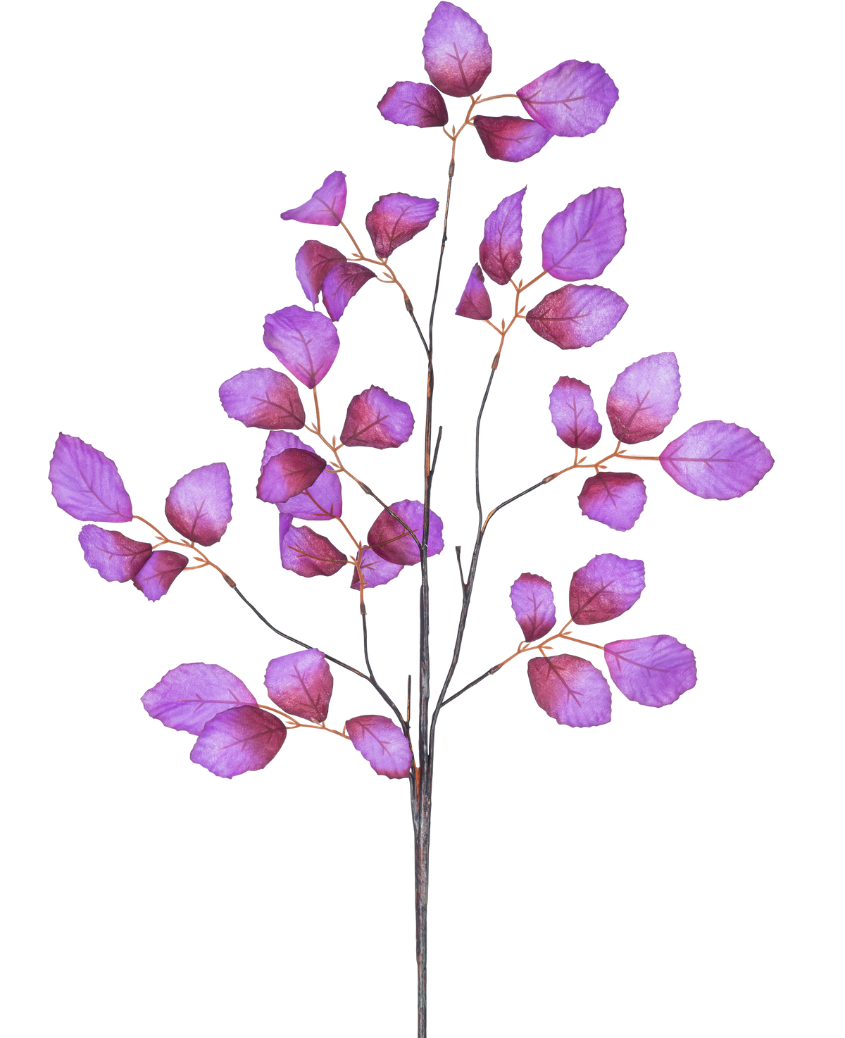 Der künstliche Zweig Apfelblatt 90 cm lila hat einen schlanken, verzweigten Stiel mit mehreren Zweigen, die mit leuchtend violetten Blättern geschmückt sind und sich vor einem weißen Hintergrund präsentieren.
