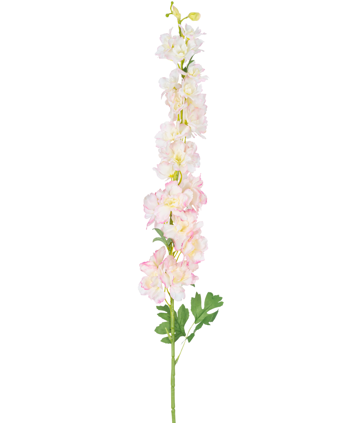 Die künstliche Blume Delphinium 105 cm rosa ist ein einzelner hoher künstlicher Stiel mit hellrosa und weißen Ritterspornblüten mit grünen Blättern, isoliert auf weißem Hintergrund.