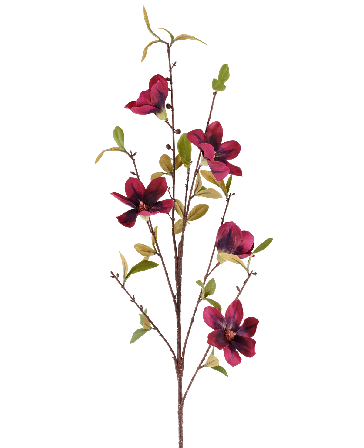Eine einzelne Kunstblume Magnolie 94 cm, burgunderroter Kunstzweig mit fünf tiefroten Blüten und grünen Blättern, präsentiert vor einem schlichten weißen Hintergrund.