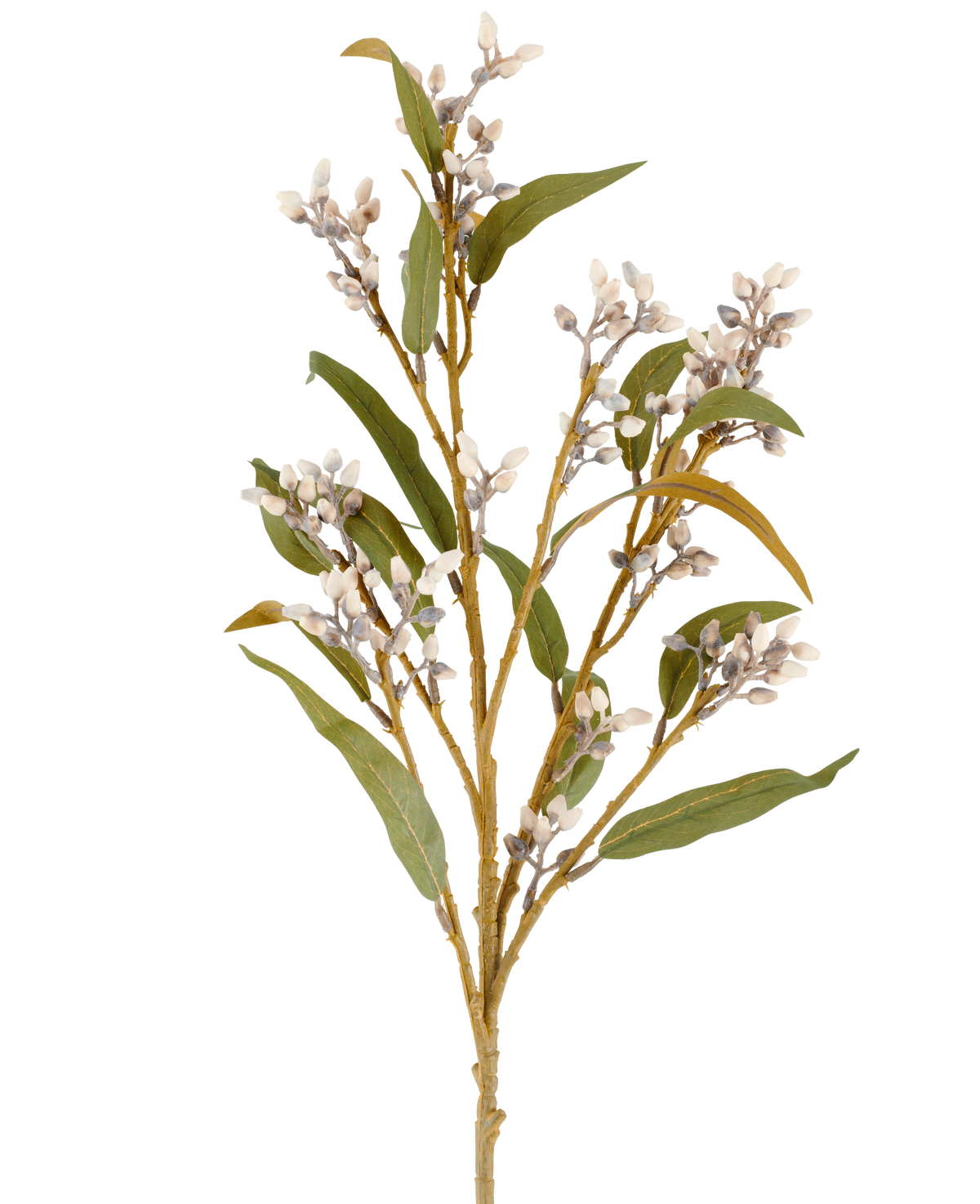 Ein einzelner 78 cm großer Eukalyptus-Kunstblumenstiel in Creme/Braun mit mehreren Zweigen grüner Blätter und kleinen, runden Blütenbüscheln, abgebildet vor einem schlichten weißen Hintergrund.