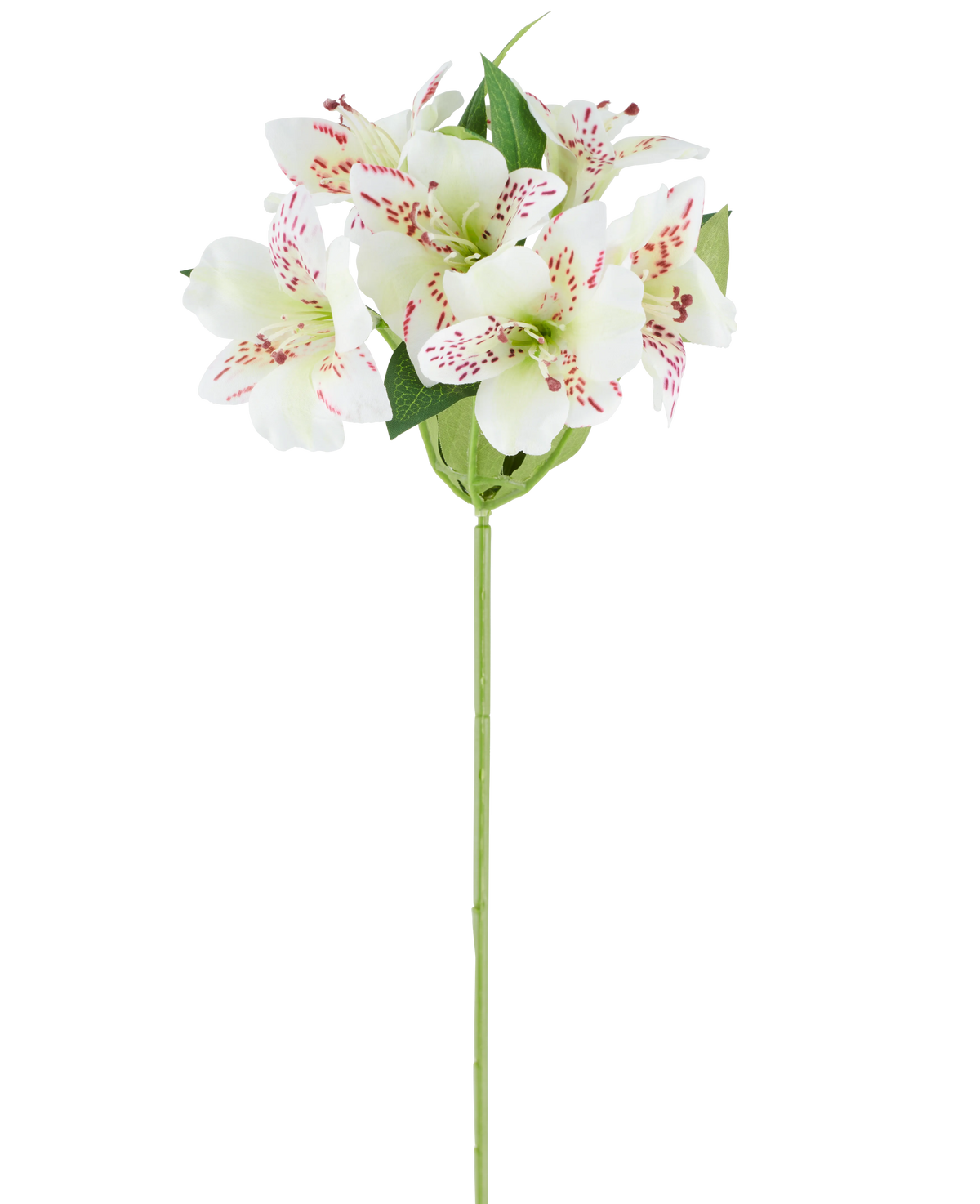 Künstliche Blume Alstroemeria 47 cm cremefarben mit cremefarbenen Blütenblättern und dezenten roten Sprenkeln, ergänzt durch grüne Blätter an einem einzelnen grünen Stiel, dargestellt vor einem weißen Hintergrund.