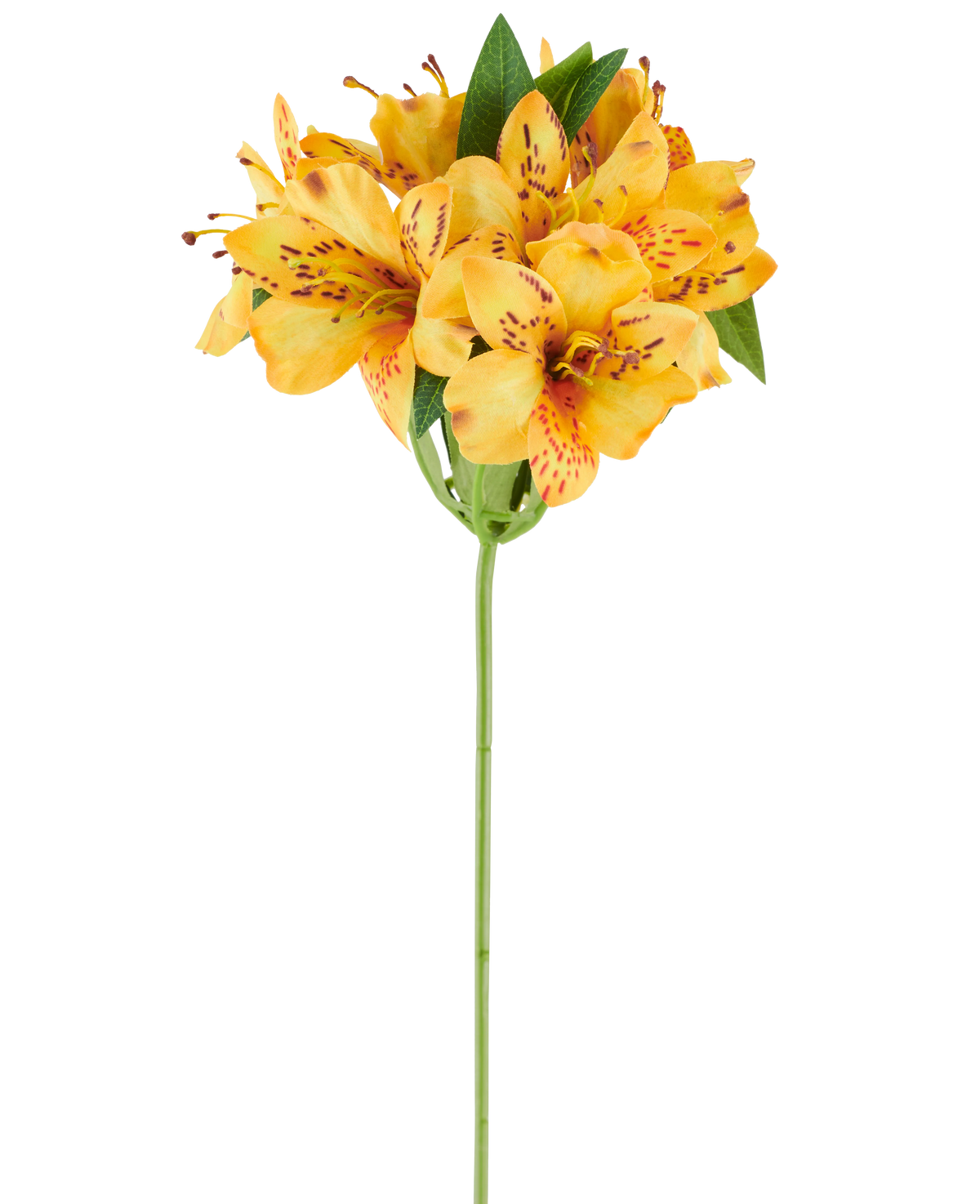 Eine 47 cm große künstliche Alstroemeria-Blume, gelb, mit leuchtend gelb-orange gefleckten Blütenblättern und üppig grünen Blättern an einem einzelnen grünen Stiel, abgebildet vor einem weißen Hintergrund.