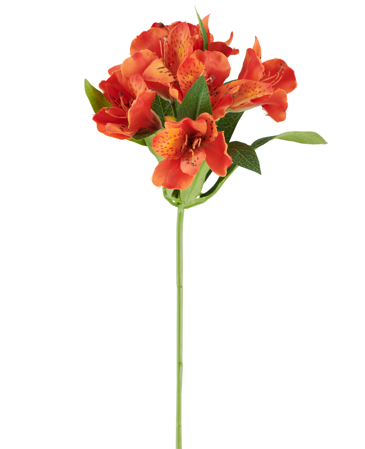 Künstliche Blume Alstroemeria, 47 cm, orange mit mehreren gefleckten Blüten und grünen Blättern auf weißem Hintergrund.
