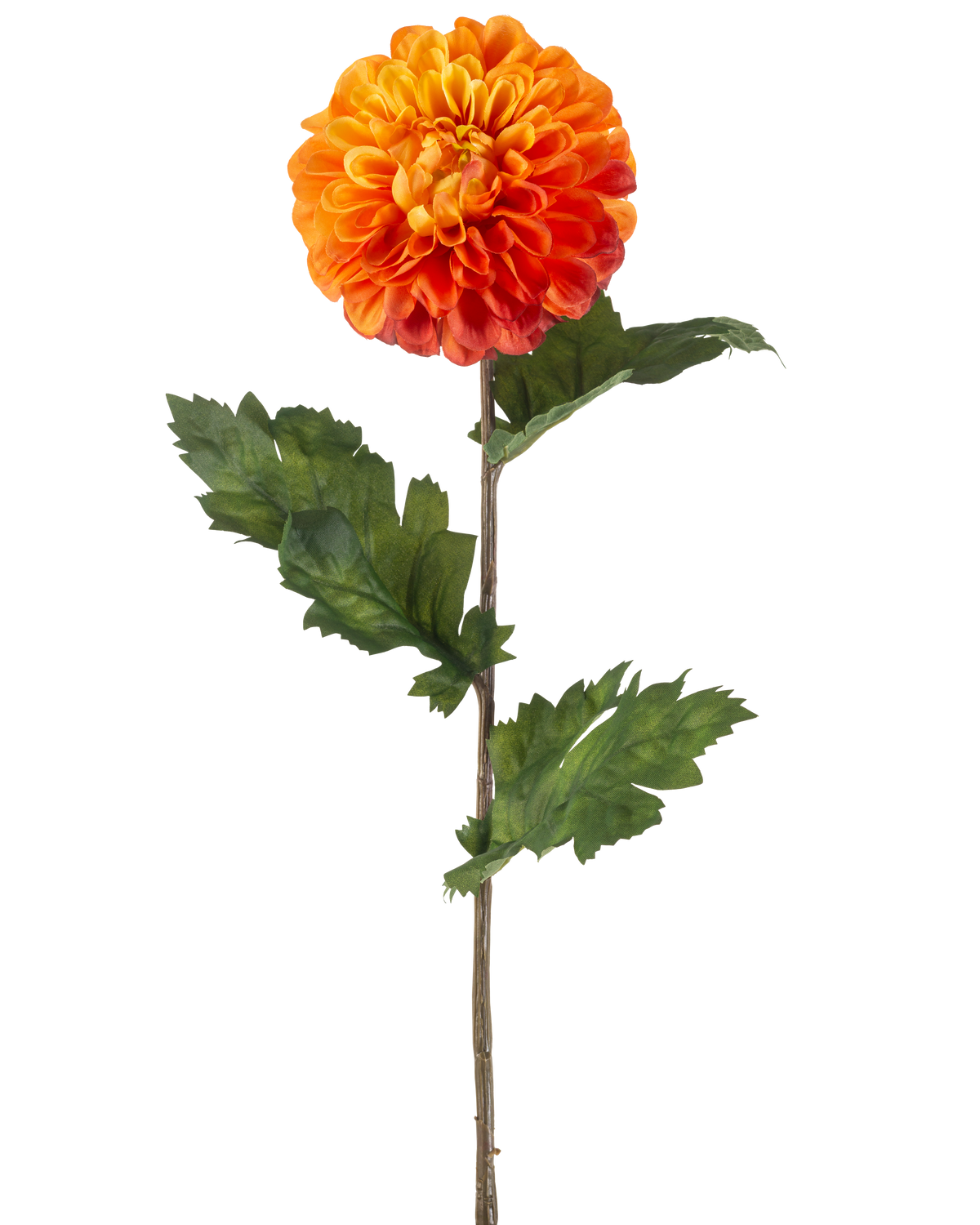 Die künstliche Blumen-Dahlie 75 cm orange besteht aus einer einzelnen orangefarbenen Dahlie mit geschichteten Blütenblättern, grünen Blättern und einem langen braunen Stiel vor einem schlichten weißen Hintergrund.
