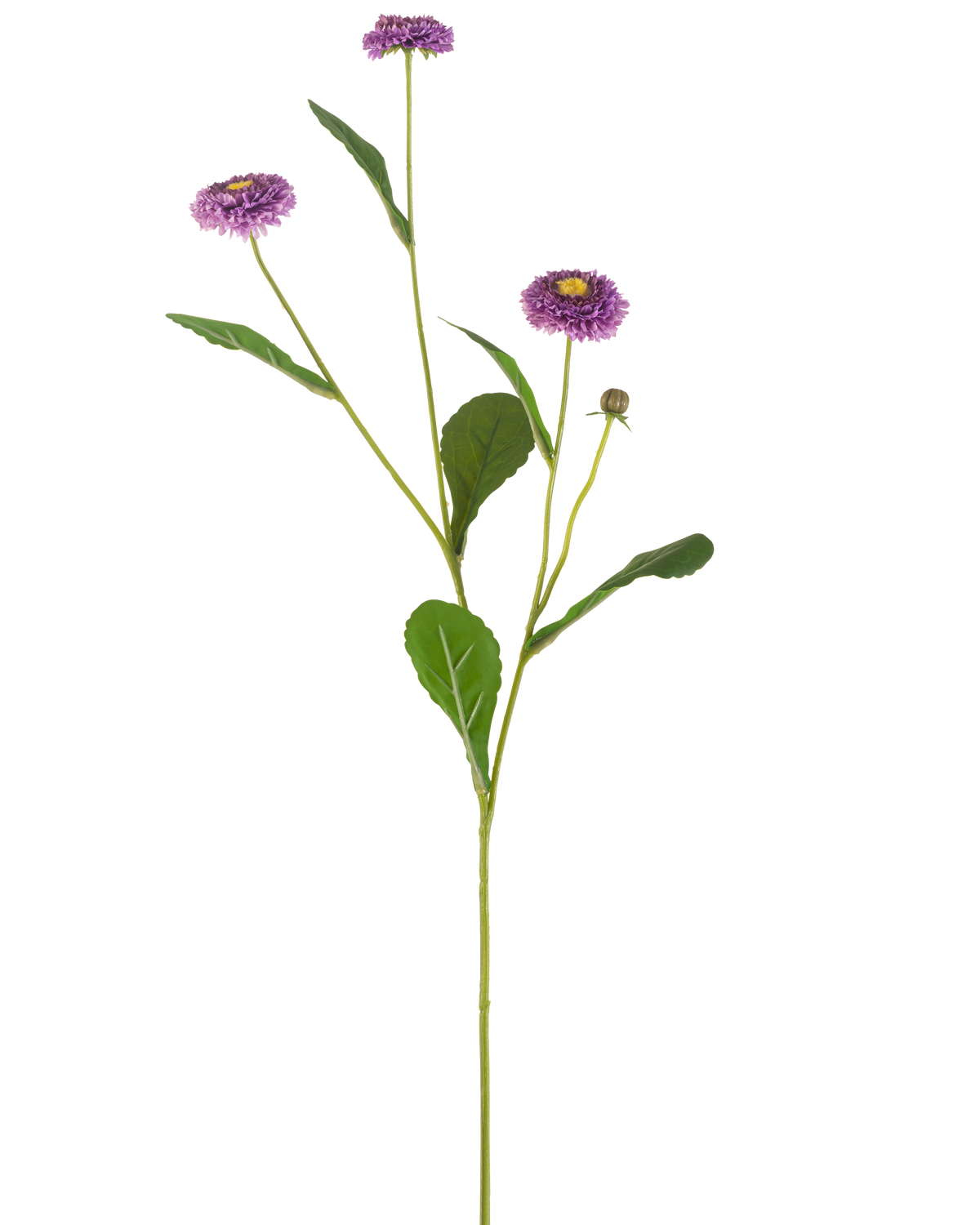 Ein künstliches Blumen-Sommergitter von 57 cm mit einem einzelnen grünen Stiel, drei violetten, gänseblümchenähnlichen Blüten mit einem gelben Herzen und einer Reihe grüner Blätter, dargestellt vor einem schlichten weißen Hintergrund.