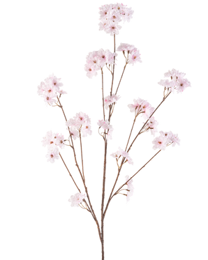 Die Kunstblume Kirschblüte 130 cm hellrosa hat mehrere dünne Stiele mit Büscheln zarter hellrosa Kirschblüten, wunderschön arrangiert und isoliert auf weißem Hintergrund.