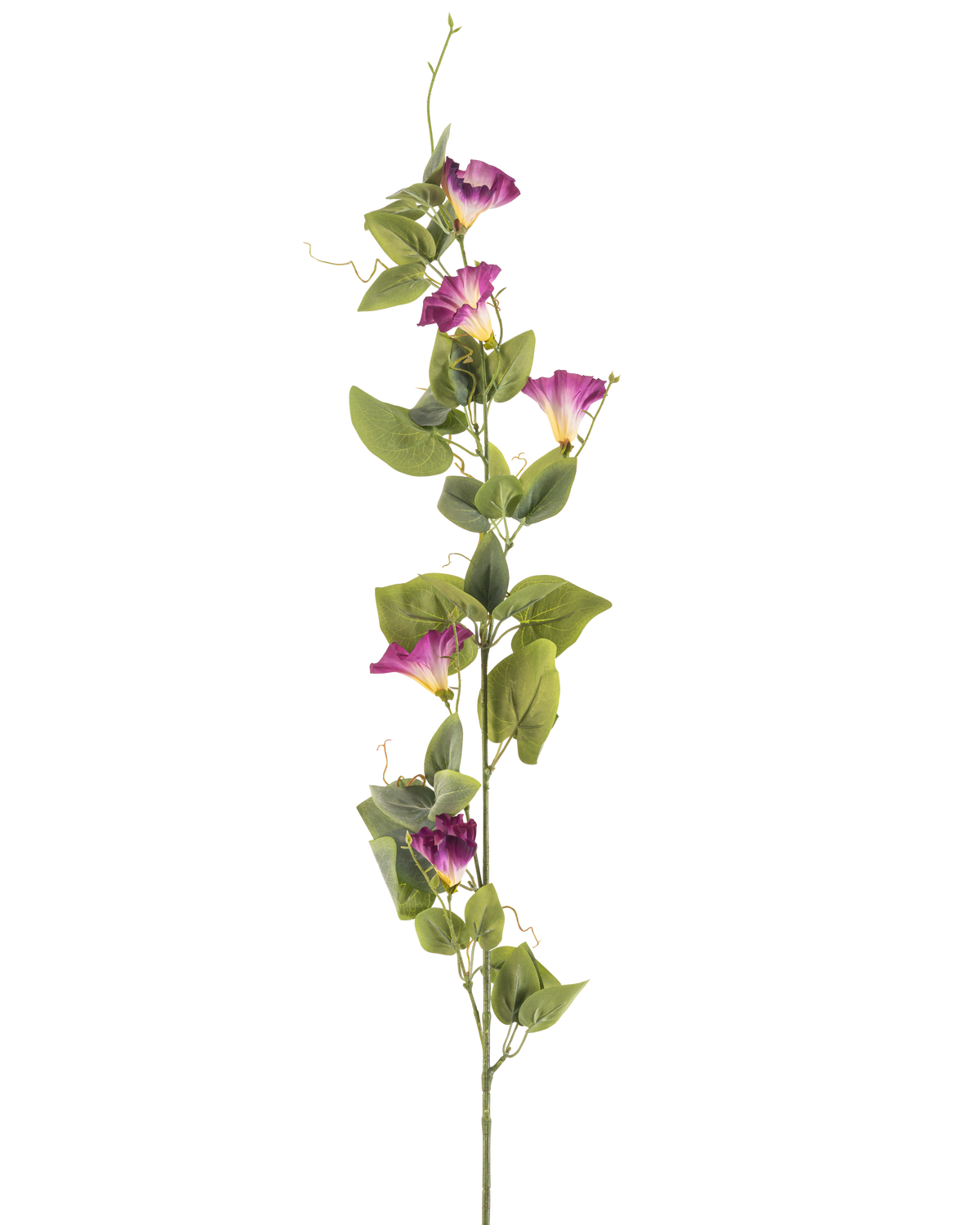 Die künstliche Blumenwinde 122 cm lila hat einen einzelnen hohen grünen Stiel mit mehreren malvenfarbenen und weißen Prunkwindenblüten und grünen Blättern entlang seiner Länge vor einem weißen Hintergrund.