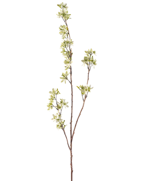 Die künstlichen Blumen 102 cm grün sind ein einzelner, schlanker brauner Zweig mit mehreren Ablegern und kleinen Büscheln hellgrüner und weißer Blüten vor einem schlichten weißen Hintergrund.