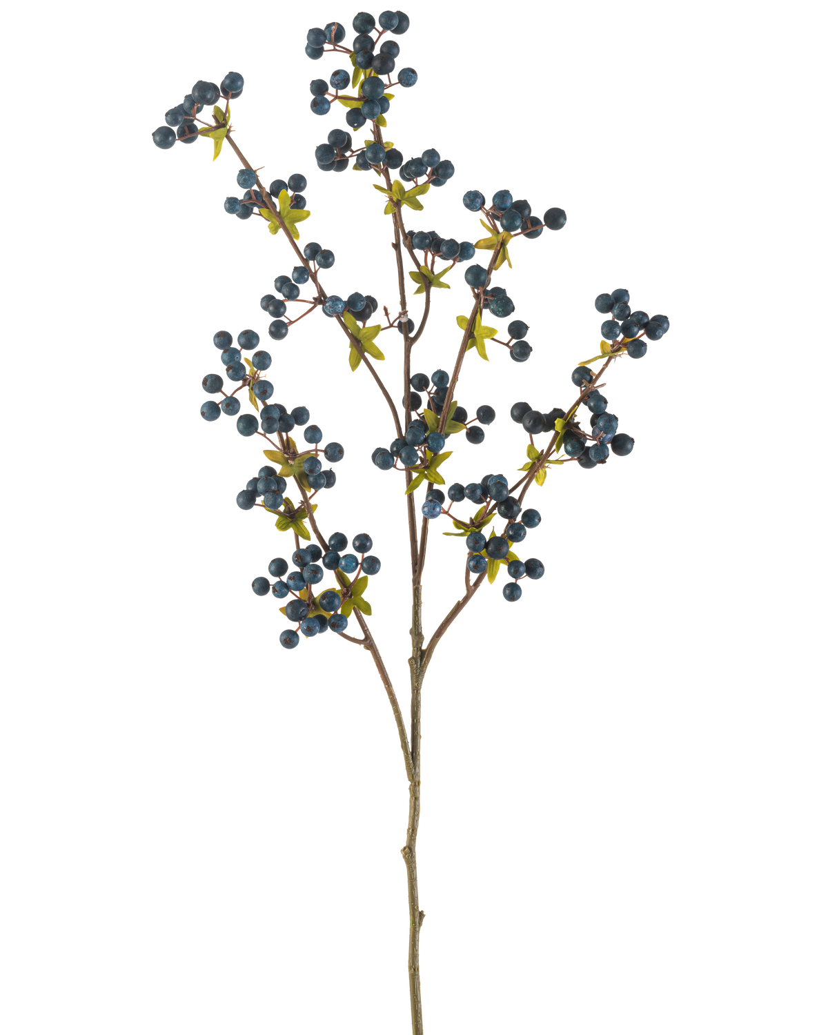 Die künstliche Beerenblume 104 cm dunkelblau ist ein einzelner dünner Zweig mit grünen Blättern und Büscheln kleiner, runder, dunkelblauer Beeren, dargestellt auf einem schlichten weißen Hintergrund.