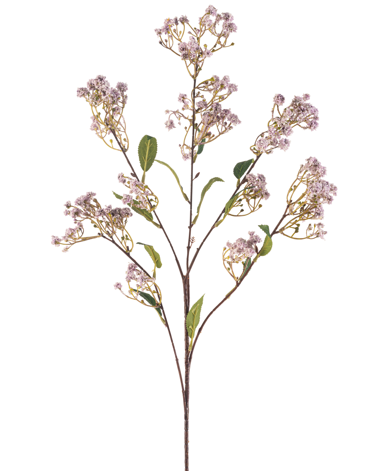 Die künstliche Blume Baby's Breath 89 cm lila hat einen langen Stiel mit mehreren Zweigen, die jeweils mit Büscheln kleiner, hellvioletter Blüten und einigen grünen Blättern vor einem schlichten weißen Hintergrund verziert sind.