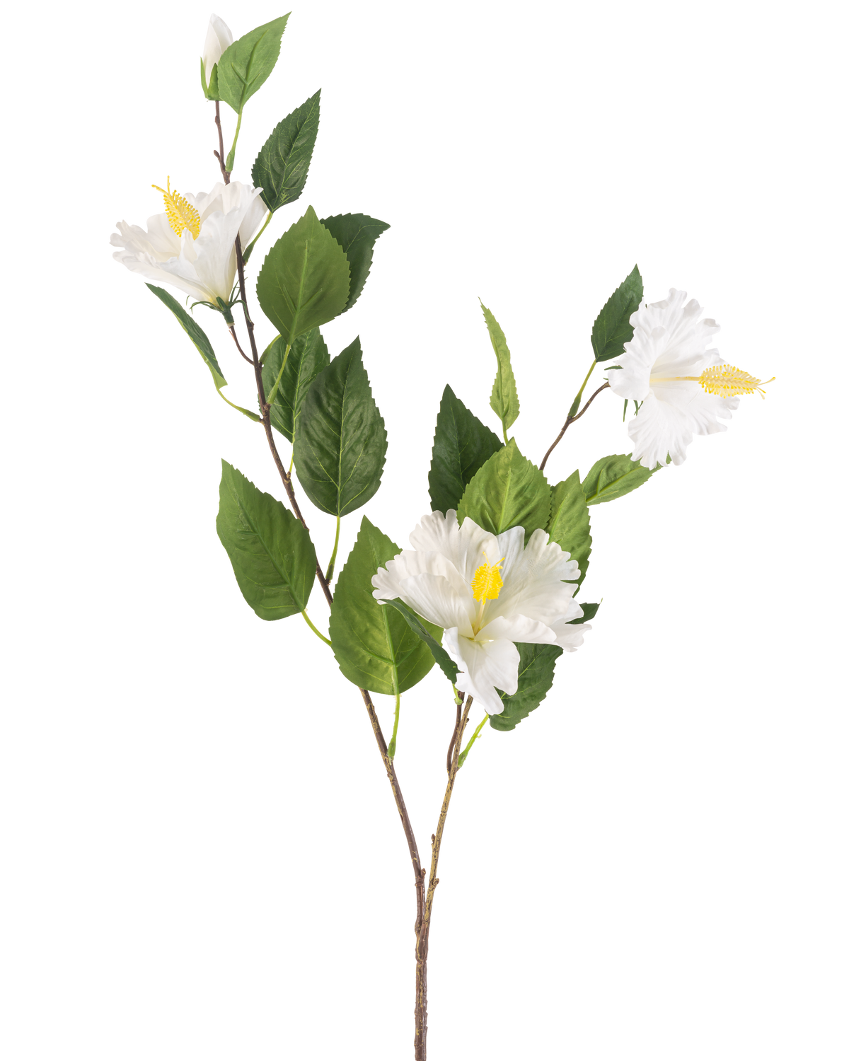 Die Kunstblume Hibiskus 89 cm creme hat einen Zweig mit grünen Blättern und drei cremefarbenen Hibiskusblüten mit gelben Staubgefäßen vor einem schlichten weißen Hintergrund.