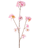 Die künstliche Blume Kirschblüte 85 cm rosa hat einen einzelnen braunen Stiel mit mehreren Zweigen, die jeweils mit Büscheln zarter hellrosa künstlicher Kirschblüten vor einem schlichten weißen Hintergrund verziert sind.