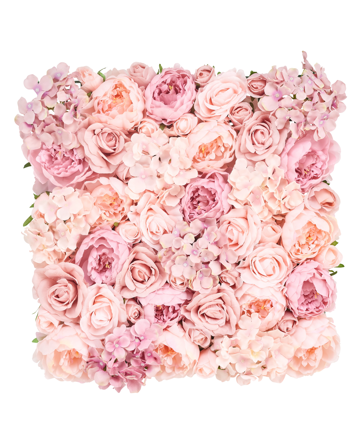 Die künstlichen Heckenblumen im Format 50 x 50 cm bieten ein quadratisches Arrangement aus rosa und rosafarbenen Rosen, Pfingstrosen und Hortensien, die dicht beieinander liegen und für einen weichen, eleganten Look vor einem weißen Hintergrund sorgen.