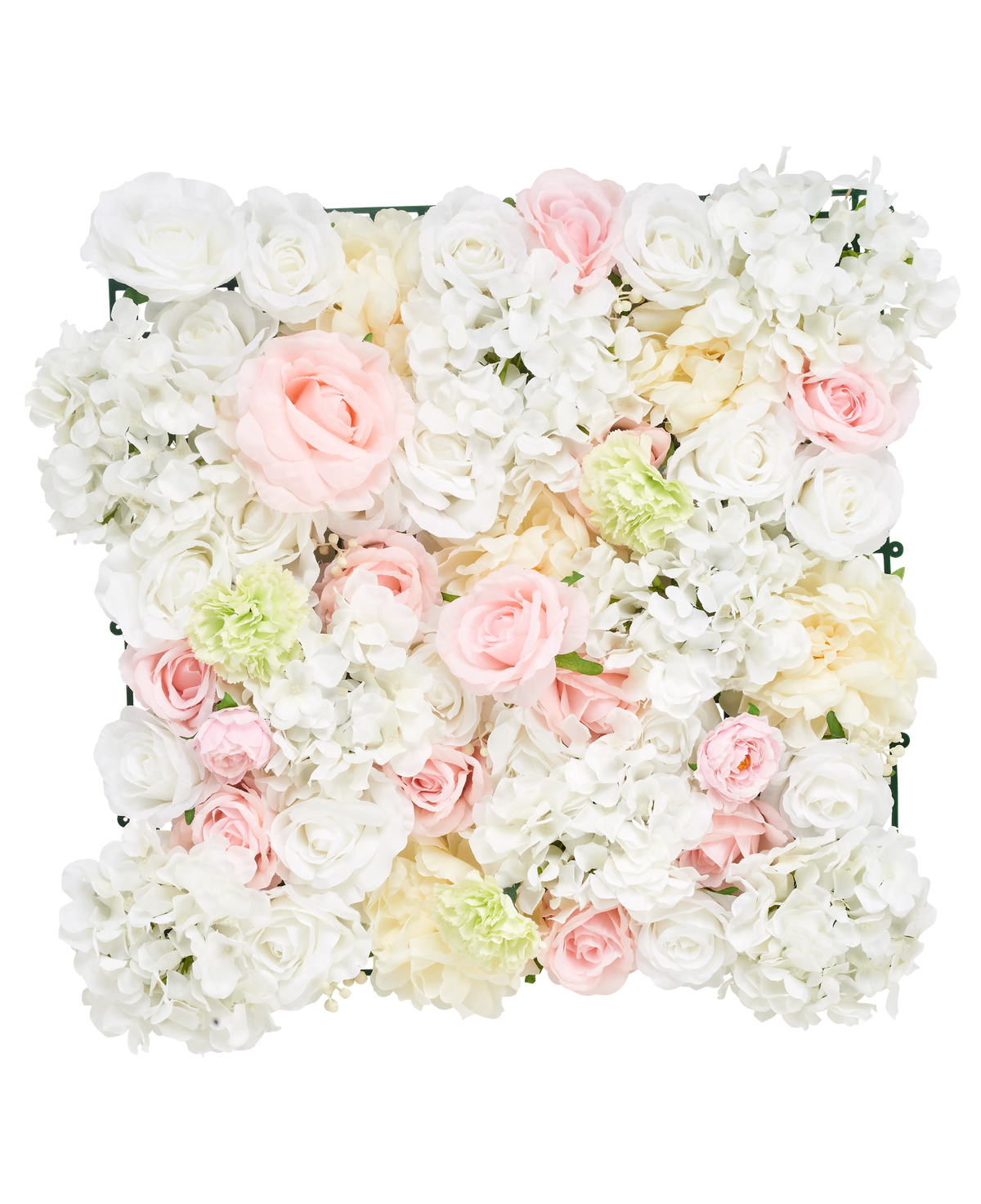 Die künstlichen Heckenblumen 50x50 cm weiß haben eine quadratische Fläche voller künstlicher weißer Rosen, Pfingstrosen und Hortensien vor einem weißen Hintergrund.