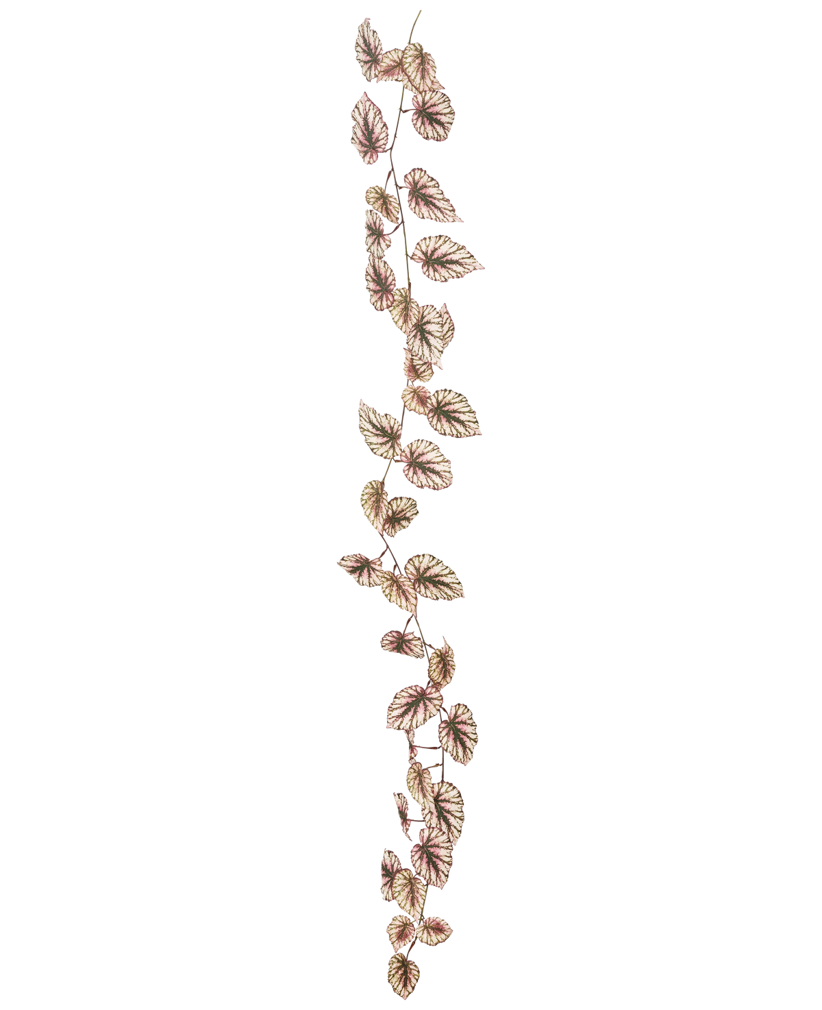 Die künstliche Begoniengirlande 180 cm UV besteht aus einer einzelnen, dünnen Ranke, die mit vielen kleinen grünen und rosa Blättern verziert ist, alles vor einem strahlend weißen Hintergrund.