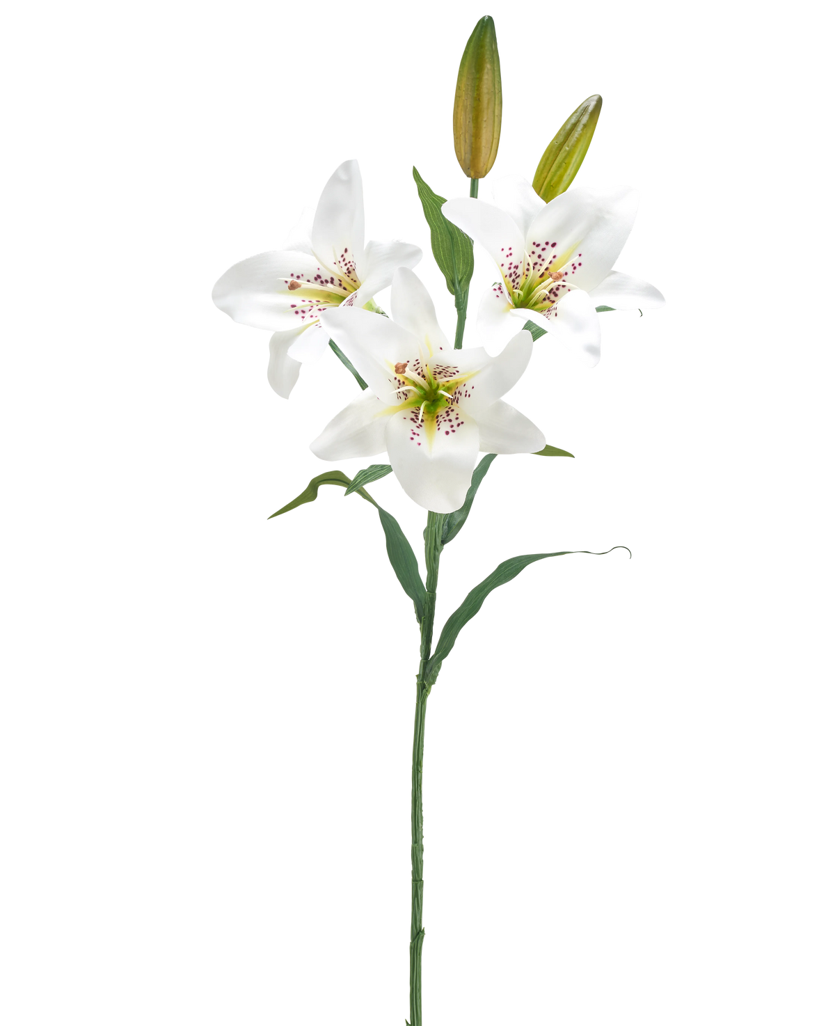 Die künstliche Blumenlilie 78 cm weiß hat einen einzelnen Stiel mit drei offenen weißen Lilienblüten, einem rosa gesprenkelten Herzen, zwei geschlossenen Knospen und grünen Blättern vor einem schlichten weißen Hintergrund.