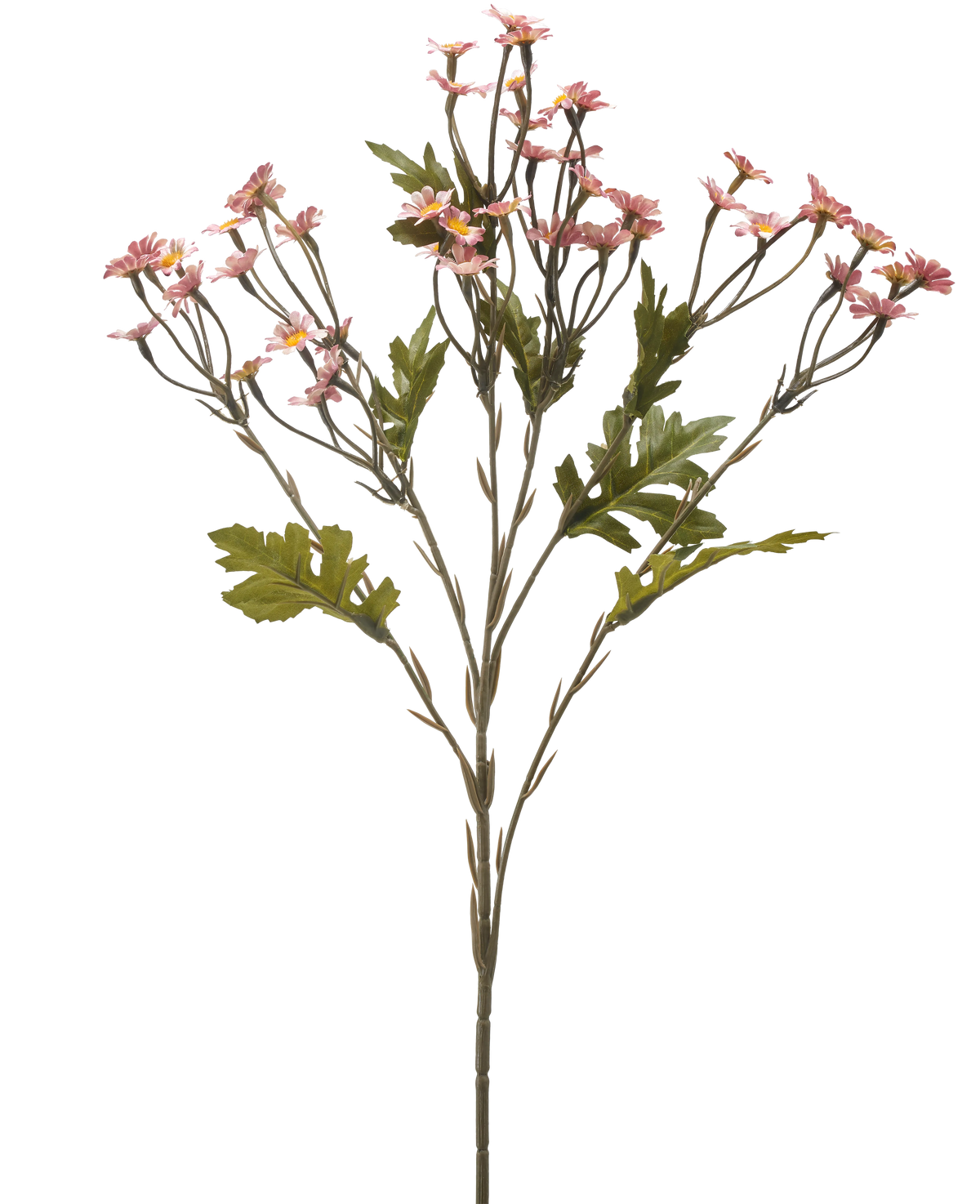 Die künstliche Blume Mini Daisy 61 cm lila ist ein einzelner Stiel mit mehreren Zweigen, verziert mit kleinen lila Blüten und grünen Blättern, isoliert auf weißem Hintergrund.