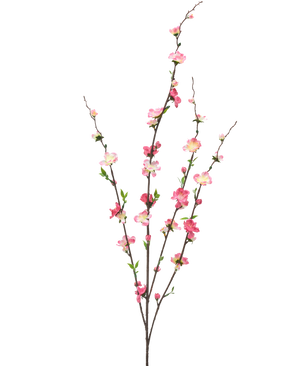 Die künstliche Blumenblüte 93 cm in Fuchsia/Rosa besteht aus drei schlanken Zweigen mit kleinen grünen Blättern und Büscheln aus fuchsiafarbenen und rosa Blüten, isoliert auf weißem Hintergrund.