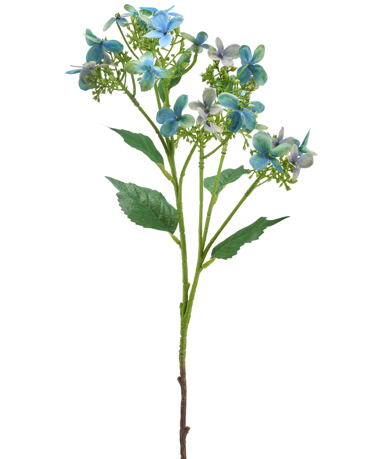 Die künstliche Blumen-Wildhortensie 62 cm blau/grün hat einen einzelnen künstlichen Stiel mit Büscheln blauer und grüner Blüten und einigen grünen Blättern, dargestellt vor einem weißen Hintergrund.