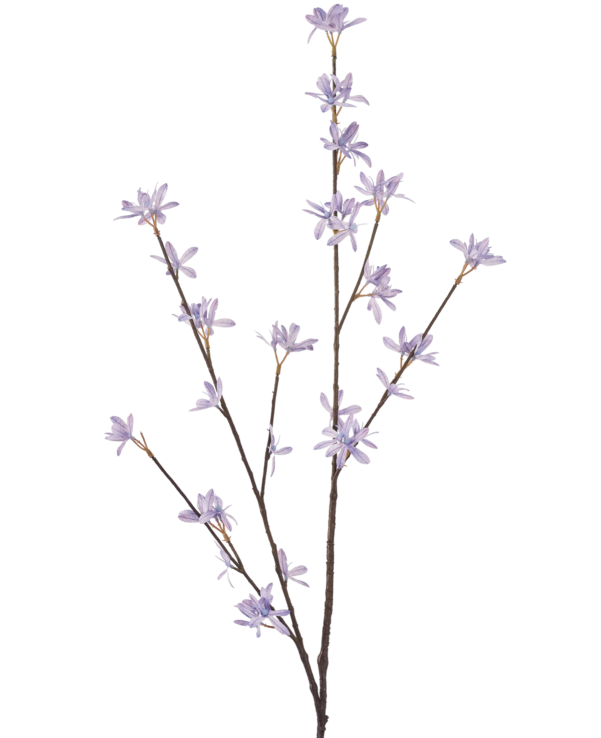 Die künstlichen Wildblumen 112 cm in Flieder haben drei schlanke braune Stiele mit zarten violetten Blüten und schmalen grünen Blättern vor einem schlichten weißen Hintergrund.