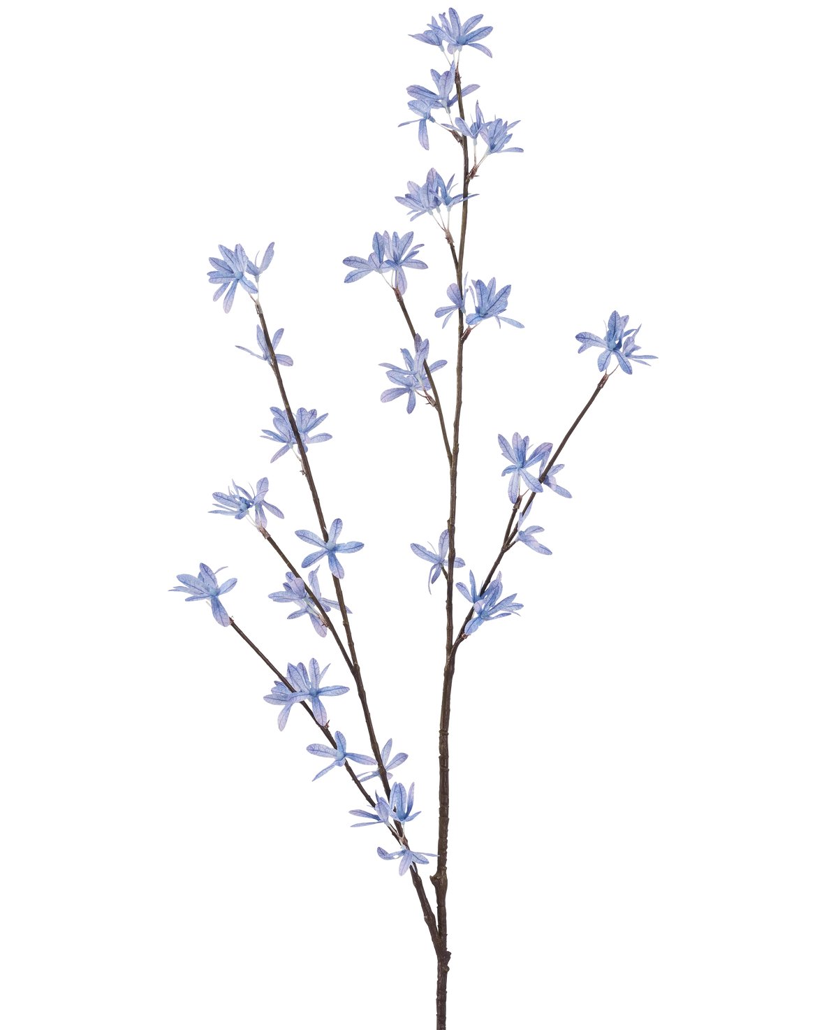 Die Kunstblume Wildblumen 112 cm blau hat einen einzelnen braunen Zweig mit mehreren dünnen Zweigen, die jeweils mit kleinen, zarten hellblauen Blüten verziert sind, vor einem schlichten weißen Hintergrund.