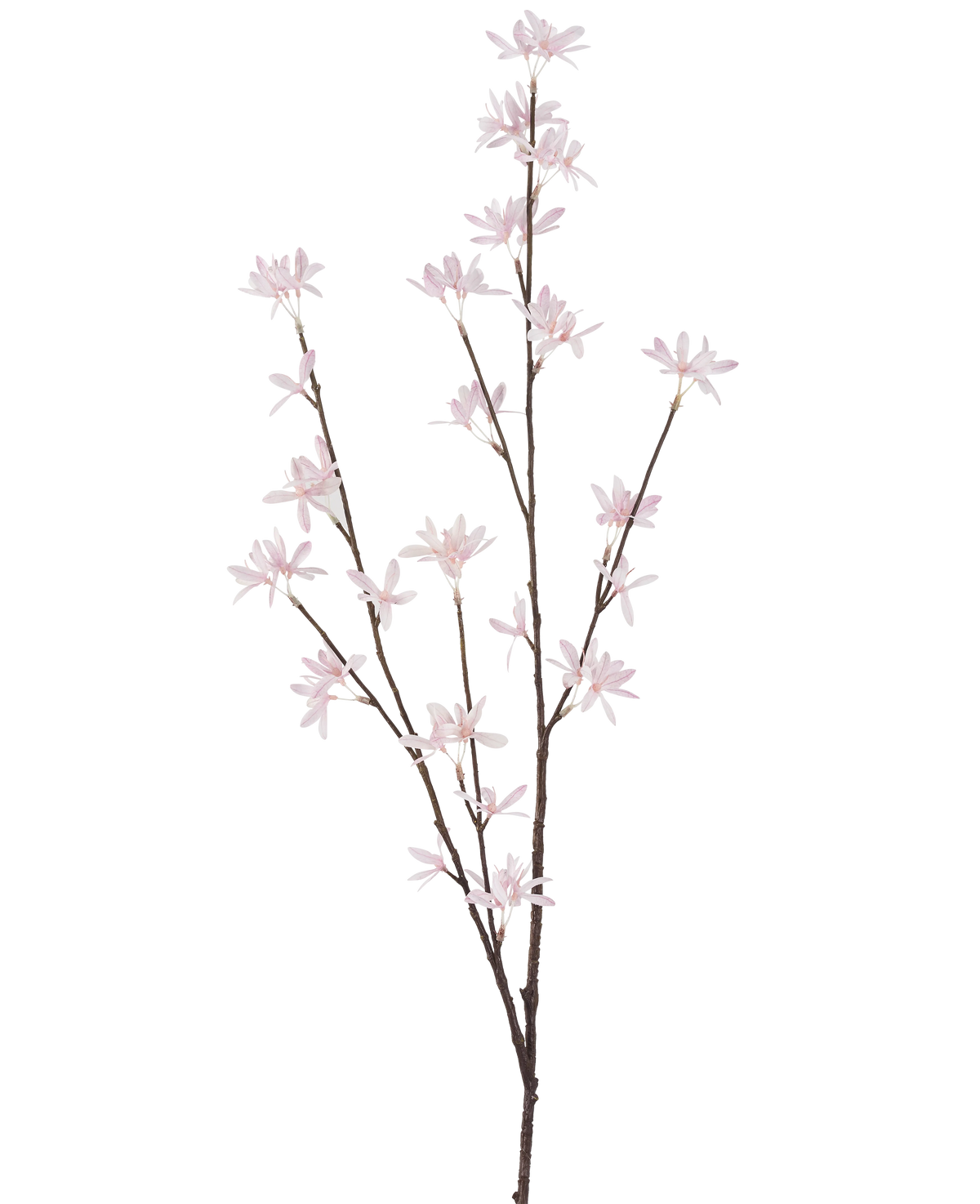 Die künstlichen Wildblumen 112 cm hellrosa sind ein einzelner brauner Zweig mit mehreren dünnen Stielen, die jeweils mit kleinen, zarten hellrosa Blüten verziert sind, die auf einem schlichten weißen Hintergrund präsentiert werden.