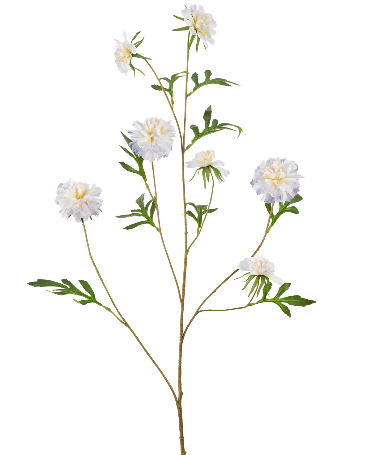 Ein hoher künstlicher Stiel namens Artificial Flower Cornflower 112 cm hellblau mit mehreren Zweigen, jeweils mit hellblauen Kornblumen und grünen Blättern, vor einem schlichten weißen Hintergrund.