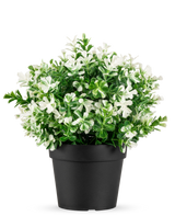 Die Kunstpflanze Vierblättriges Kleeblatt weiß UV 22 cm ist ein schwarzer Blumentopf mit künstlichen grünen Blättern und kleinen weißen Blüten auf einem schlichten weißen Hintergrund.
