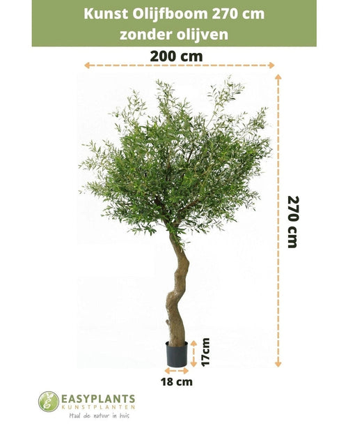 Künstlicher Olivenbaum 270 cm ohne Oliven im Topf, insgesamt 270 cm hoch und 200 cm breit. Topf ist für Dekotöpfe geeignet, Höhe 17 cm, Durchmesser 18 cm. Der niederländische Text oben/unten zeigt Größen und Markenzeichen.