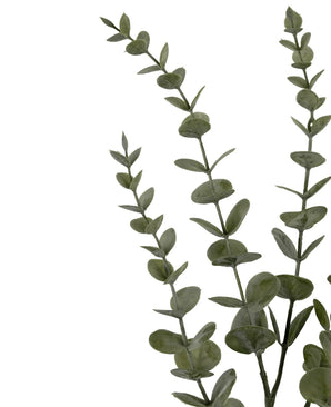 Drei künstliche Blumenstängel Eukalyptus Yugali (71 cm) mit runden grünen Blättern, diagonal auf weißem Hintergrund angeordnet.