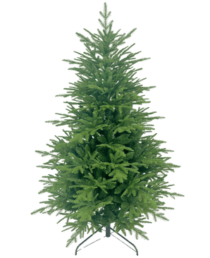 Der künstliche Weihnachtsbaum „Åsmund“ PE/PVC ist ein voller, grüner künstlicher Weihnachtsbaum mit dichten Ästen, der aufrecht auf einem Metallständer vor einem schlichten weißen Hintergrund steht.