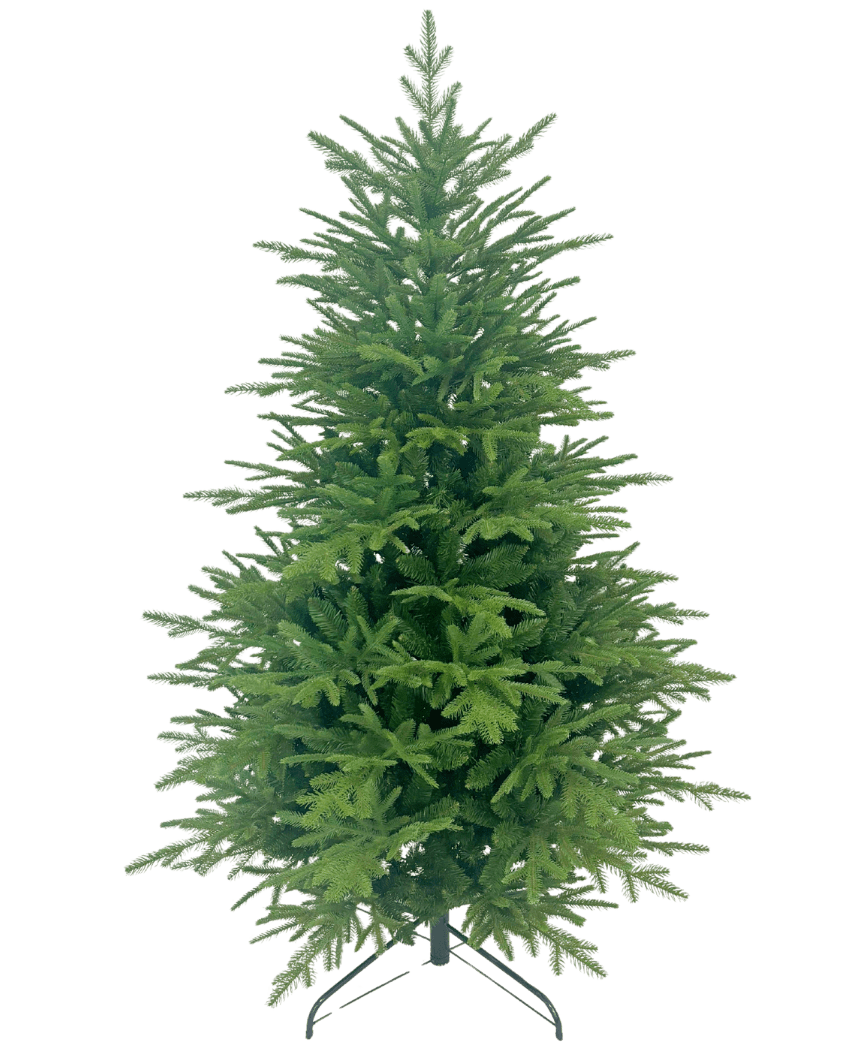 Der künstliche Weihnachtsbaum „Åsmund“ PE/PVC ist ein voller, grüner künstlicher Weihnachtsbaum mit dichten Ästen, der aufrecht auf einem Metallständer vor einem schlichten weißen Hintergrund steht.