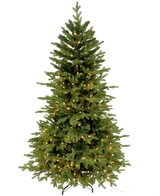 Der künstliche Weihnachtsbaum „Ibsen“ PE/PVC – Smart LED steht auf einem schwarzen Metallsockel vor weißem Hintergrund, seine sattgrünen Zweige sind mit kleinen warmweißen Lichtern gefüllt und ohne zusätzliche Weihnachtsdekoration oder Ornamente.