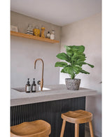 Eine moderne Küchenecke mit Betonarbeitsplatte, goldenem Wasserhahn, künstlicher Calathea UV-Pflanze (72 cm), zwei Holzhockern, Seifenspendern und einem Holzregal mit Töpfen und Behältern vor einer hellen Wand.