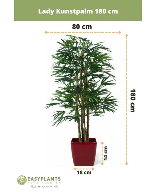 Künstliche Marienpalme 180 cm im roten Topf, 180 cm hoch und 80 cm breit; Der Topf ist 14 cm hoch und 18 cm breit. Markenlogo plus abgebildete Maße – perfekt als stilvolle grüne Kunstpflanze für jeden Raum.