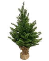 Der künstliche Weihnachtsbaum Mini „Munchi“ 60 cm 100 % PE – Smart LED ist ein kleiner grüner künstlicher Weihnachtsbaum mit echten Nadeln, einem mit Jute umwickelten Sockel und steht aufrecht vor einem schlichten weißen Hintergrund.