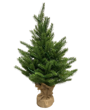 Der künstliche Weihnachtsbaum Mini „Munchi“ 60 cm 100 % PE – Smart LED ist ein kleiner grüner künstlicher Weihnachtsbaum mit echten Nadeln, einem mit Jute umwickelten Sockel und steht aufrecht vor einem schlichten weißen Hintergrund.