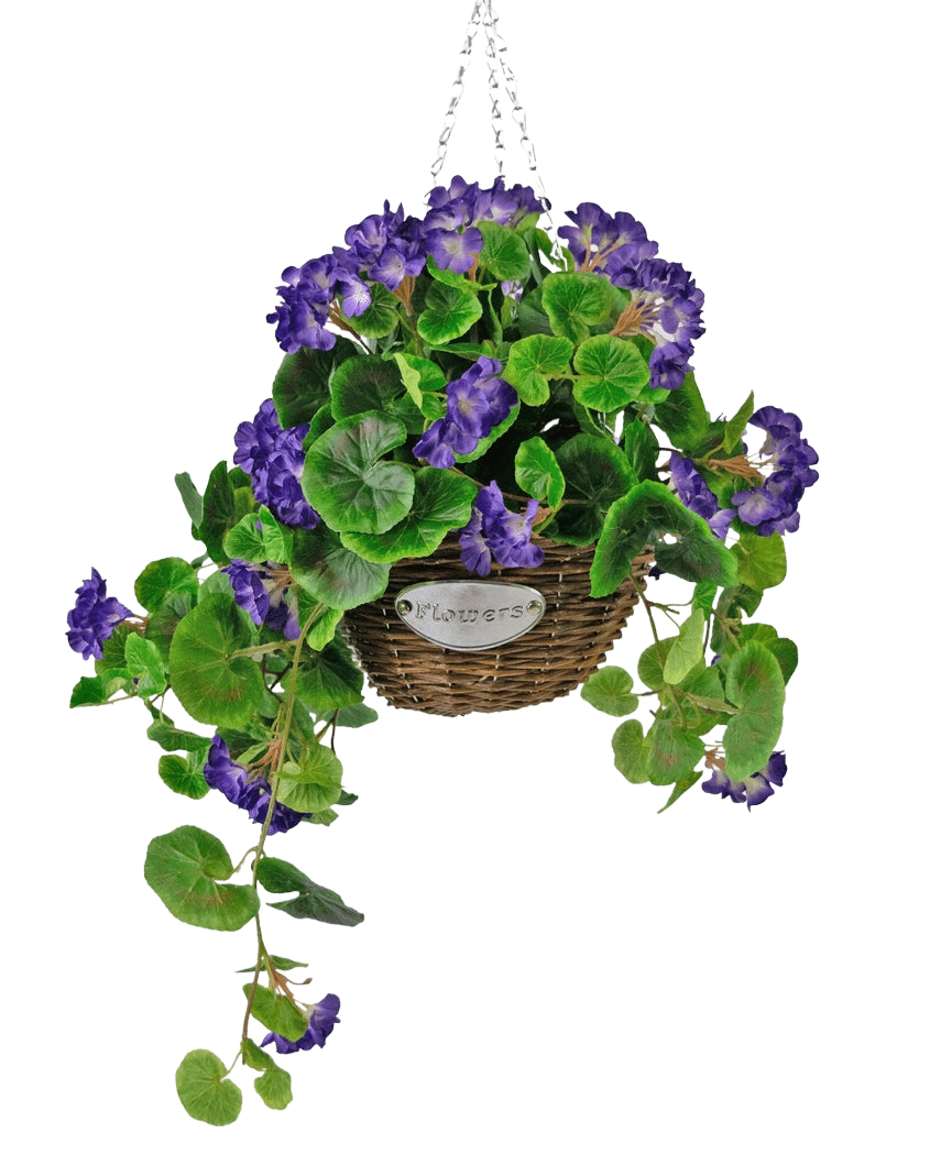 Die künstliche Begonie lila im UV-Korb 70 cm ist ein hängender Weidenkorb mit grünen Blättern und leuchtend lila Blüten, der an einer silbernen Kette hängt und mit einem kleinen Metalletikett mit dem Text „Flowers“ versehen ist.