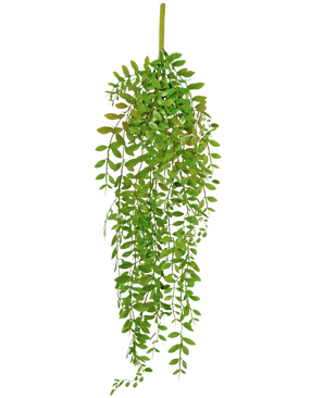 Die künstliche Hängepflanze Pumila 89 cm hat kleine, ovale grüne Blätter an mehreren hängenden Stielen, vor einem schlichten weißen Hintergrund.