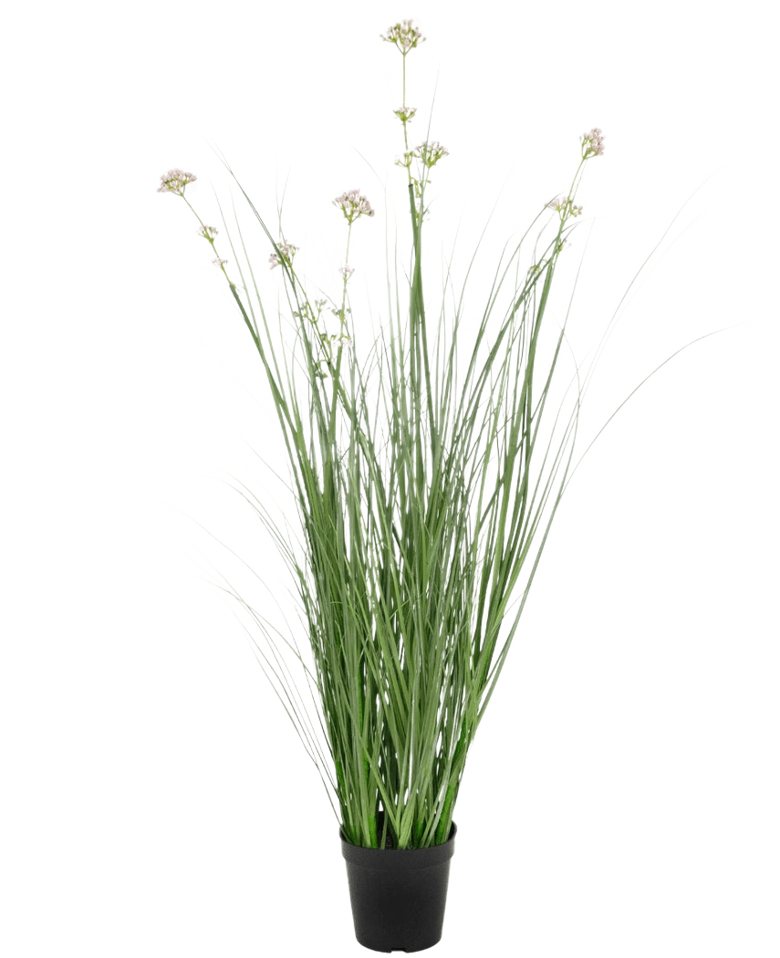 Der feuerhemmende Kunstrasen-Lauchblumen-Zwiebelgrastopf (90 cm) hat lange, dünne grüne Blätter und blasse Blütenbüschel in einem schwarzen Topf vor einem schlichten weißen Hintergrund.