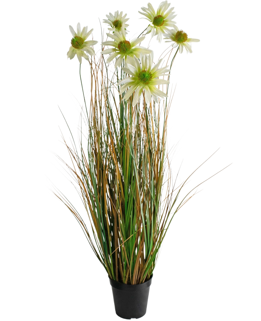 Der feuerhemmende Kunstgras-Chrysanthemen-Zwiebeltopf 90 cm ist eine Kunstpflanze in einem Topf mit langen grünen und braunen grasähnlichen Blättern, gekrönt von weißen Gänseblümchenblüten mit einem gelben Herzen.